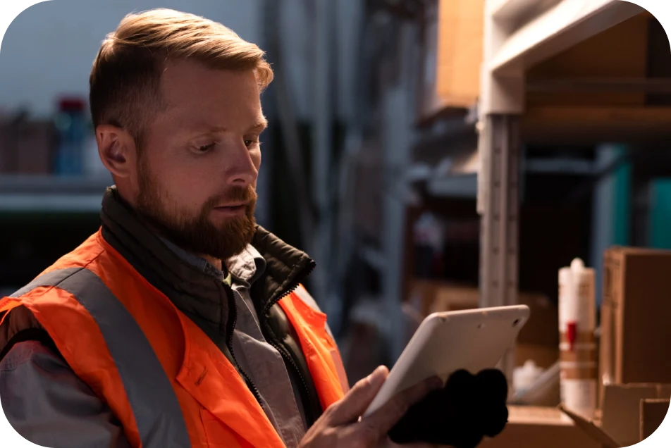 Warehouse security guard monitoring inventory and ensuring safety using a tablet.