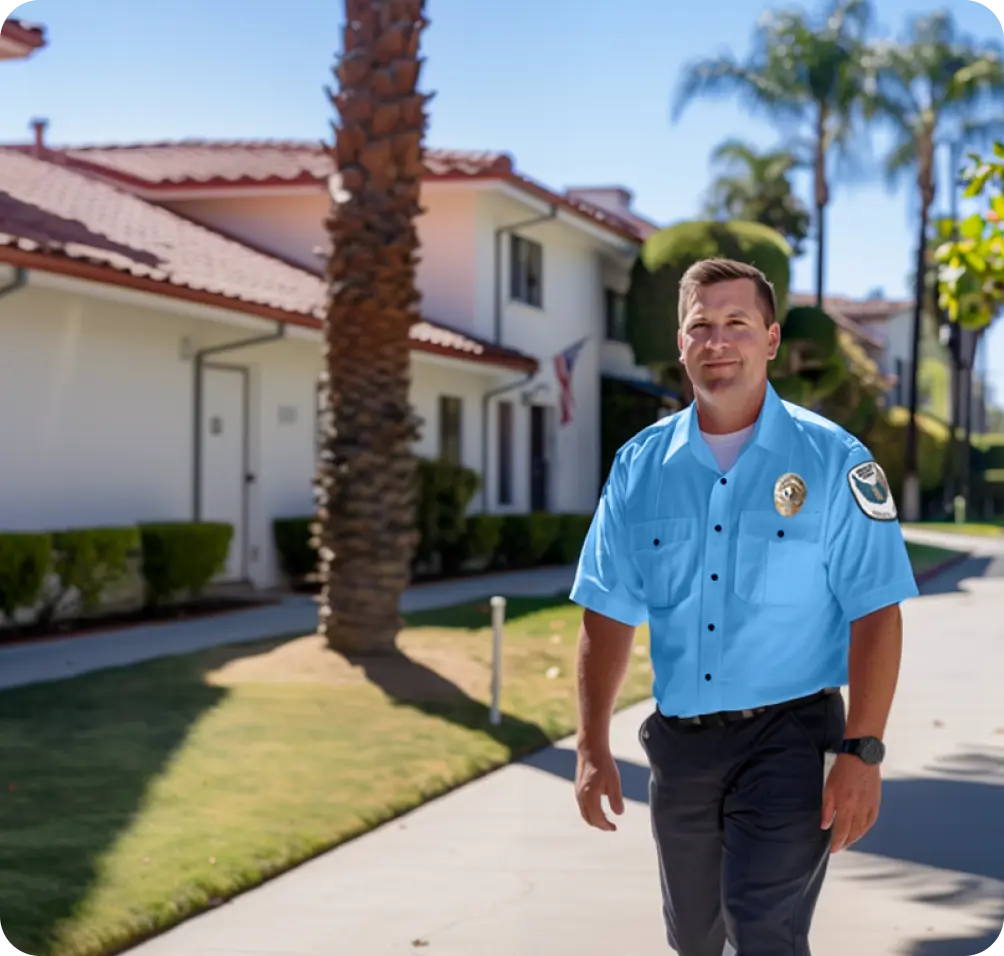 Professional security guard patrolling a residential neighborhood to ensure safety and protection.