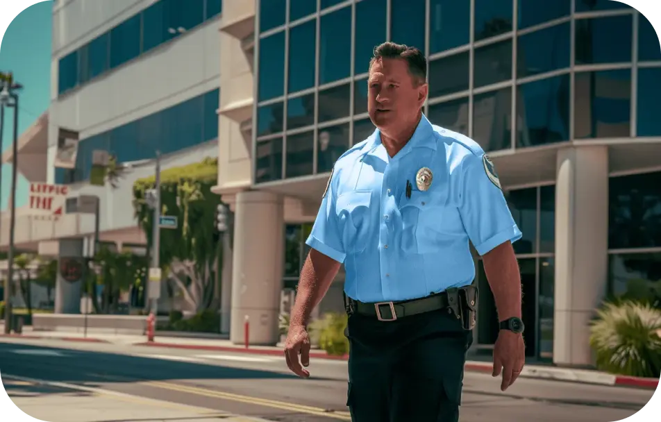 Professional mall security guard patrolling outside a shopping center to ensure safety and security.