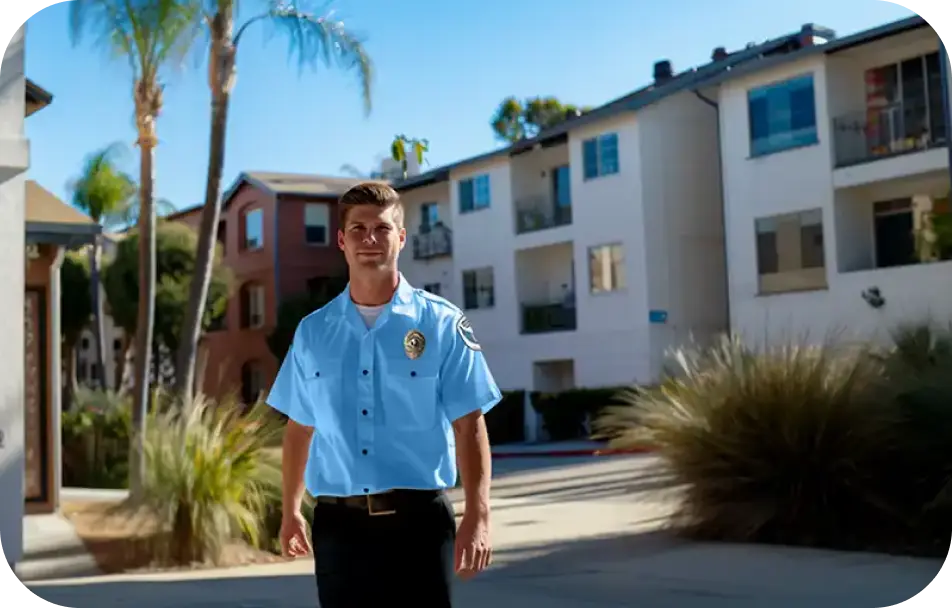 Residential security guard patrolling an apartment complex to ensure safety and protection.