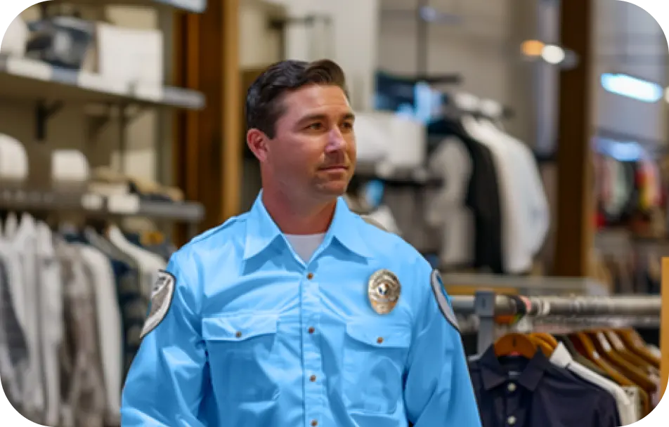 Professional security guard patrolling a retail store to ensure safety and prevent theft.