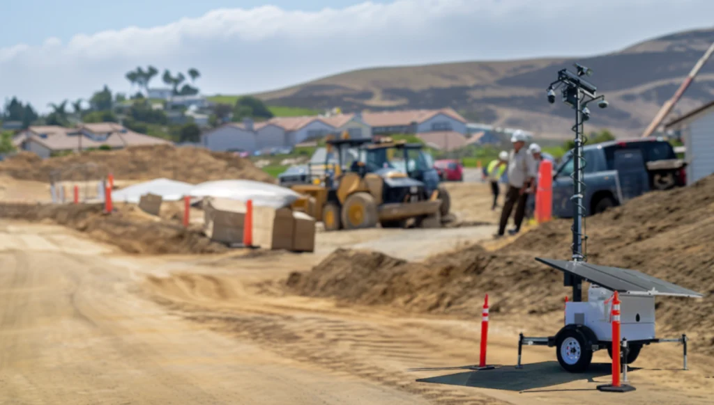 Mobile trailer deployed at a construction site for enhanced security monitoring.