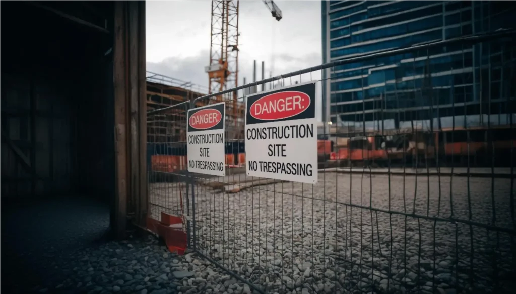 Construction site fenced off with warning signs for no trespassing.