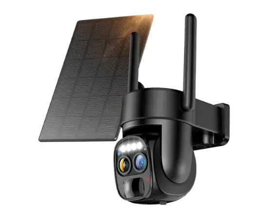 Solar-Powered PTZ Security Camera with Floodlight | American Security Force Security Solutions Solar-powered PTZ security camera with dual lenses, floodlight, and wireless antennas installed for outdoor surveillance by American Security Force