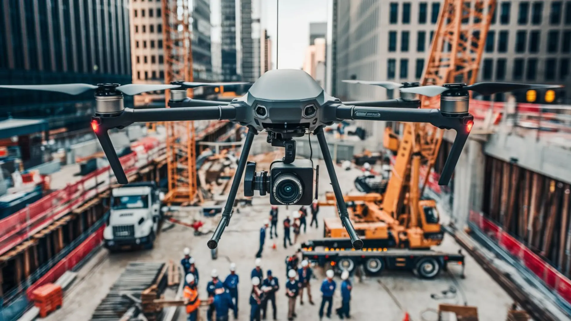 A surveillance drone overseeing a construction site's security