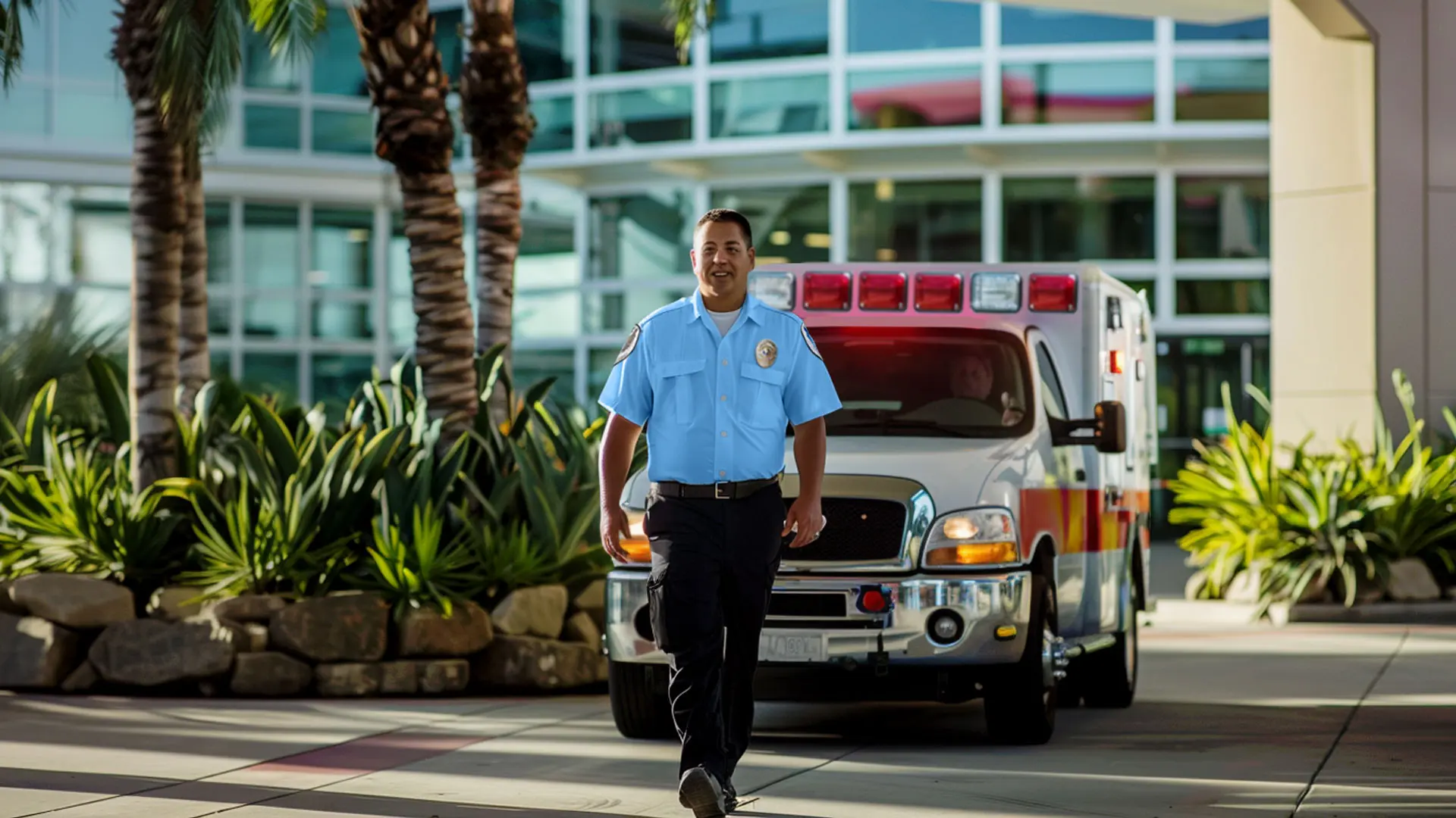 Security guard walking confidently in front of an ambulance outside a modern building, surrounded by palm trees and landscaping, representing emergency first response readiness.