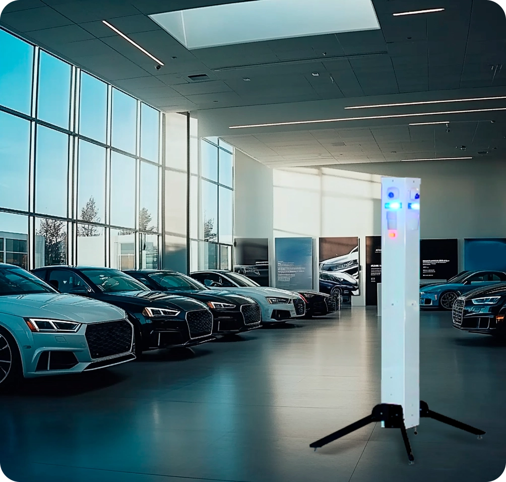 Advanced security surveillance system monitoring luxury car showroom – American Security Force utilizes cutting-edge technology to protect automotive assets.