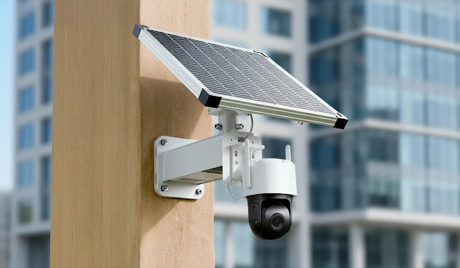 Solar-powered security camera mounted on a commercial building for remote surveillance by American Security Force