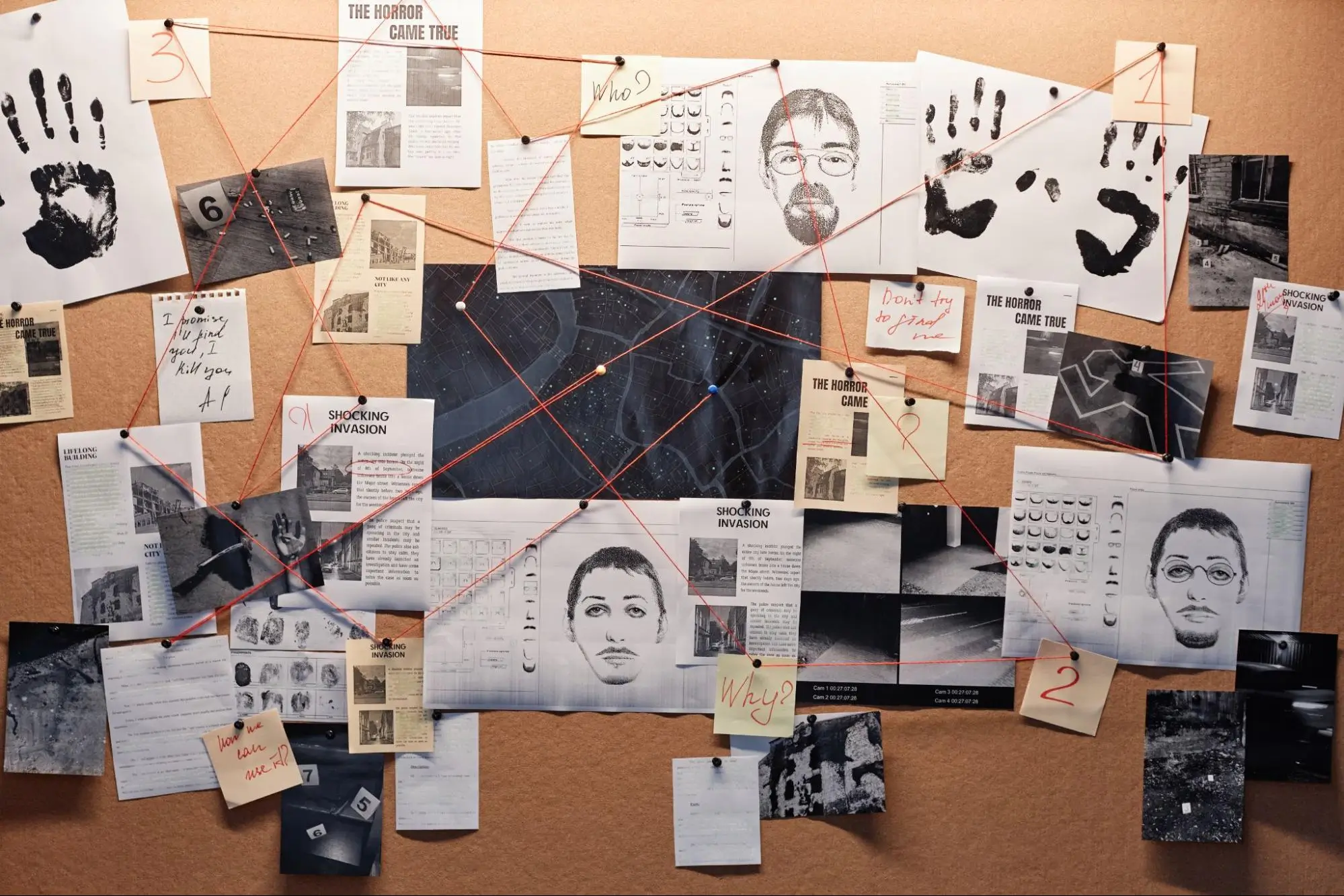 Criminal investigation evidence board with suspect sketches, fingerprints, crime scene photos, maps, and red string connections.