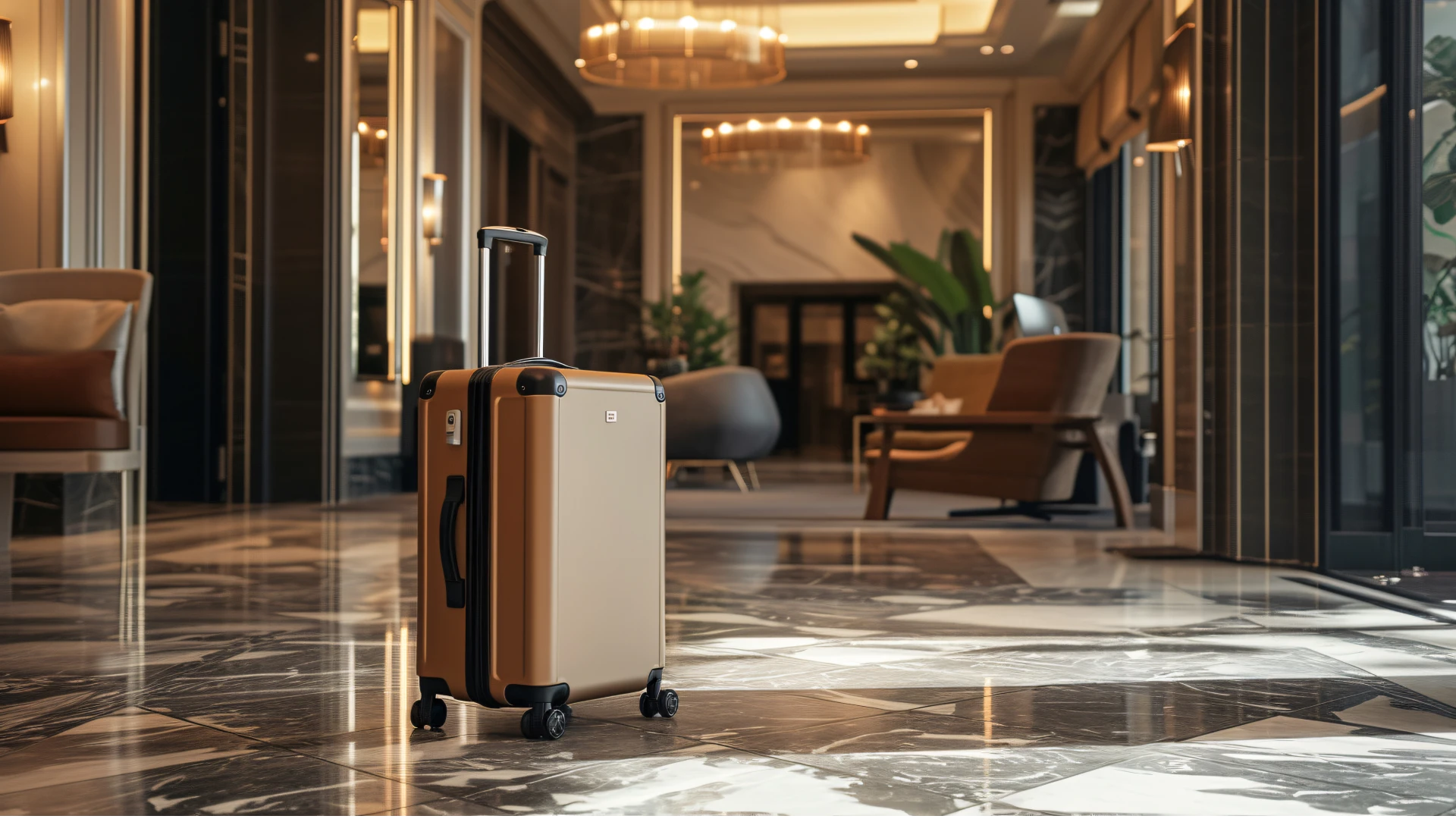 Suitcase in a luxury hotel lobby highlighting professional hotel security strategies