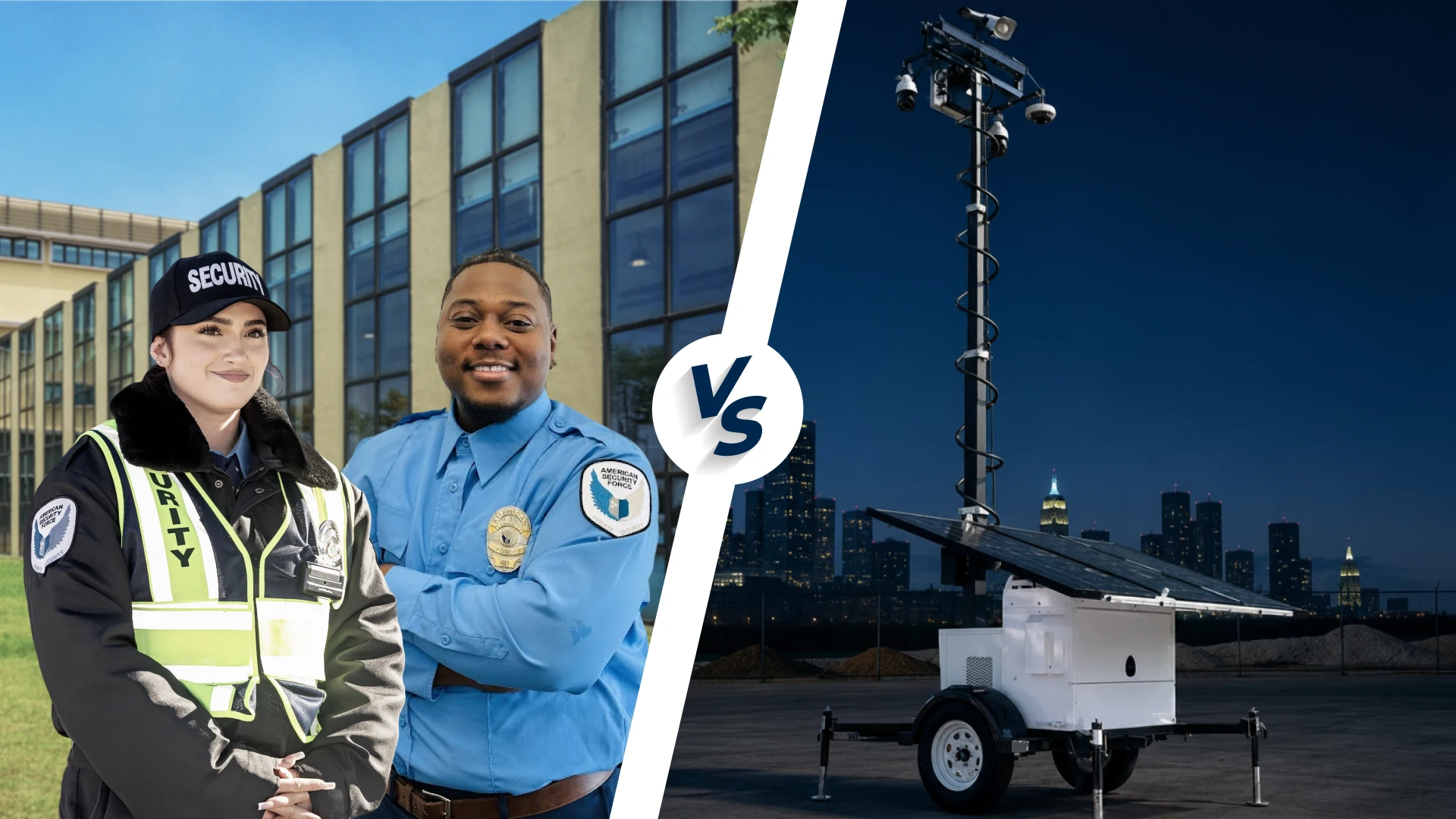 A graphic showing security guards and a mobile surveillance trailer illustrating a side-by-side comparison for commercial property protection