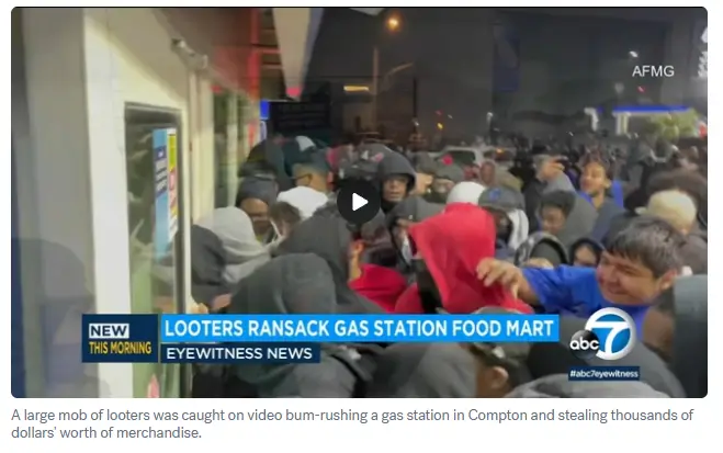 Compton Gas Station Looting and Security Services News image showing a crowd looting a Compton gas station food mart, highlighting the need for professional security services