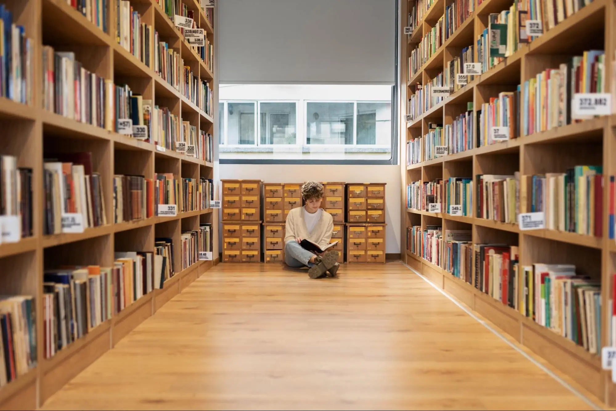 Reading In The Library Young student sitting cross-legged on the floor of a library aisle reading a book, surrounded by tall wooden bookshelves and a vintage card catalog under natural window light